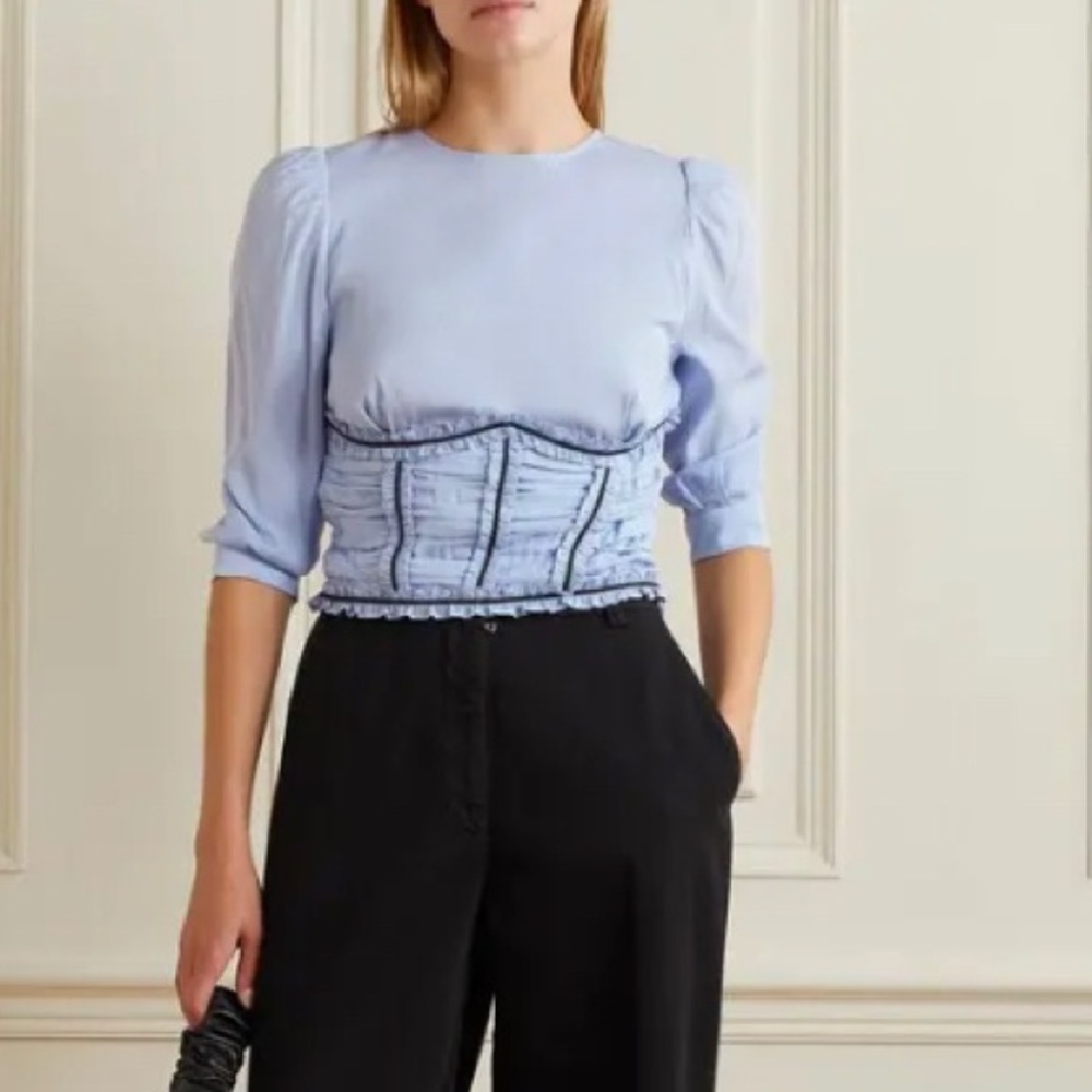 FLEUR DU MAL pastel blue ruched blouse, size small